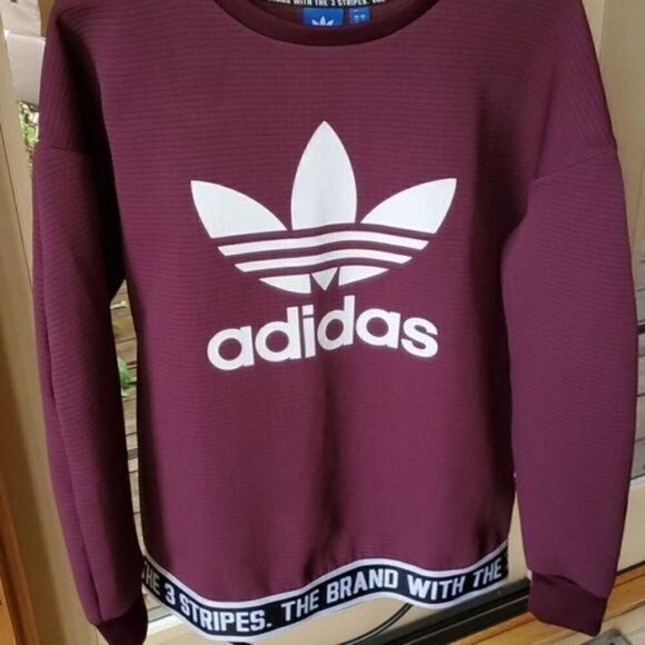 Adidas Trefoil Big Logo Graphic Crewneck Banded Embellish Waist Sz S Sweatshirt - Picture 4 of 10